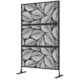 Outsunny 6.5' Metal Outdoor Privacy Screen Divider with Leaf Design Stand Black Decorative Garden Fence