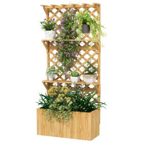 Outsunny Raised Garden Bed, Wooden Planter with Trellis, Hanging Roof, Plant Shelf, Drainage Holes and Bed Liner, Natural