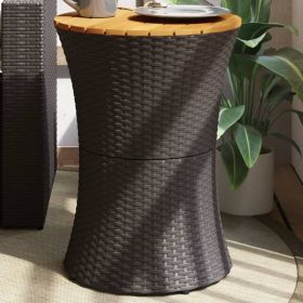 Patio Side Table Drum Shape Black Poly Rattan and Solid Wood