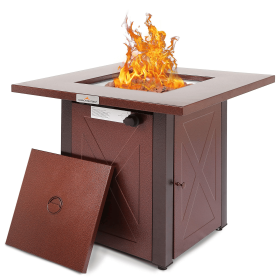 28" 50000 BTU Outdoor Propane Gas Fire Pits Table, Square Brown Texture Outdside Patio Firepits Fireplace Dinning Coffee Tables with Lid & Lava R