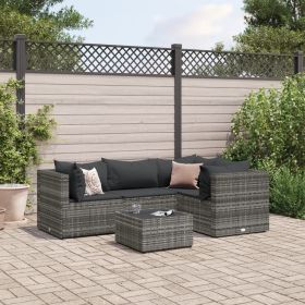 5 Piece Patio Lounge Set with Cushions Gray Poly Rattan