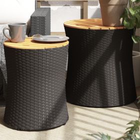 Patio Side Tables 2 pcs with Wooden Top Black Poly Rattan