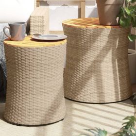 Patio Side Tables 2 pcs with Wooden Top Beige Poly Rattan