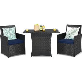 3-Piece Patio Furniture Outdoor Dining Set in Brown PE Rattan with Cushions (Color: Blue)