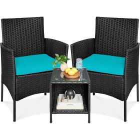 3-Piece Black PE Wicker Outdoor Dining Patio Furniture Set w/ Cushions (Color: Teal)
