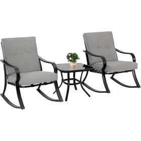 Outdoor 3-Piece Patio Furniture Table Rocking Chairs Set with Cushions (Color: GREY)