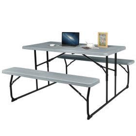 Folding Picnic Table with 2 Benches Outdoor Patio Dining Set (Color: GREY)