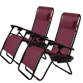 Set of 2 Folding Outdoor Zero Gravity Lounge Chair Recliner (Color: Burgundy)
