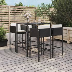 5 Piece Patio Bar Set with Cushions Black Poly Rattan (Color: Black)