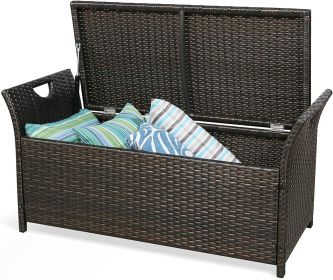 Patio Wicker Storage Bench Outdoor Rattan Deck Storage Box with Cushion (Color: Beige)