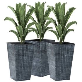 Set of 3 - Faux Rattan Plastic Tall Large Flower Pots (Color: GREY)
