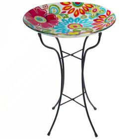 18-inch  Pastel Flowers Painted Glass Outdoor Bird Bath w/ Stand (Color: Yellow/Red)